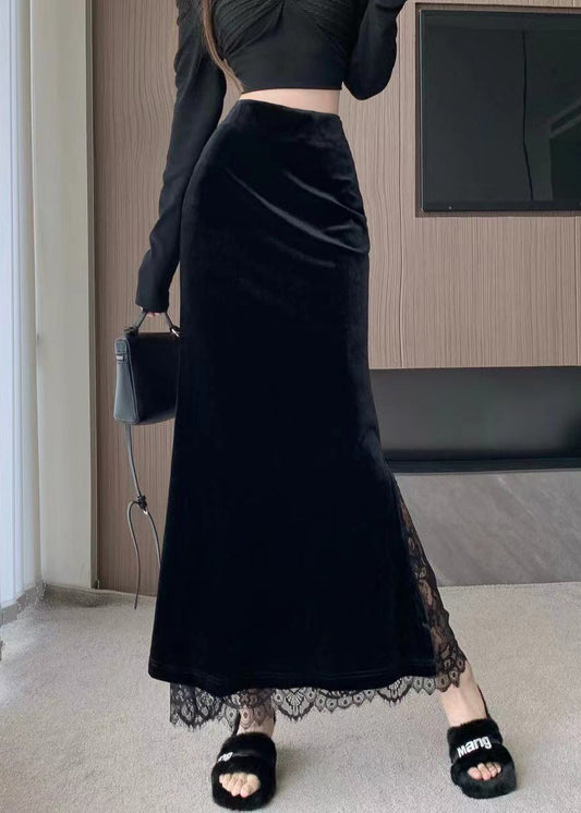 Lace Stylish Velvet Skirts Spring Black Patchwork Silk