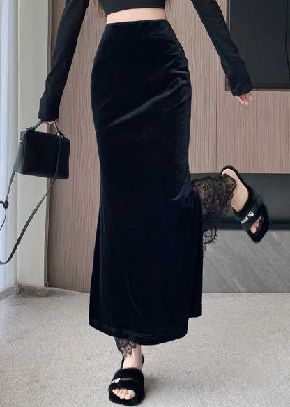 Lace Stylish Velvet Skirts Spring Black Patchwork Silk