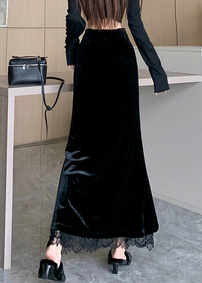Lace Stylish Velvet Skirts Spring Black Patchwork Silk