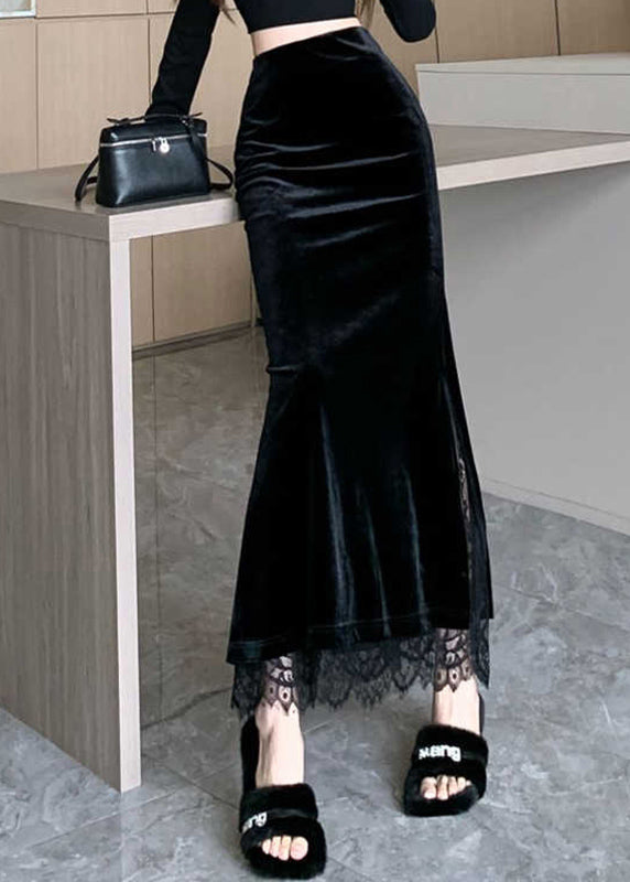 Lace Stylish Velvet Skirts Spring Black Patchwork Silk