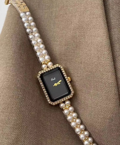 Stylish Black Metal Square Chain Pearl Watch YI049