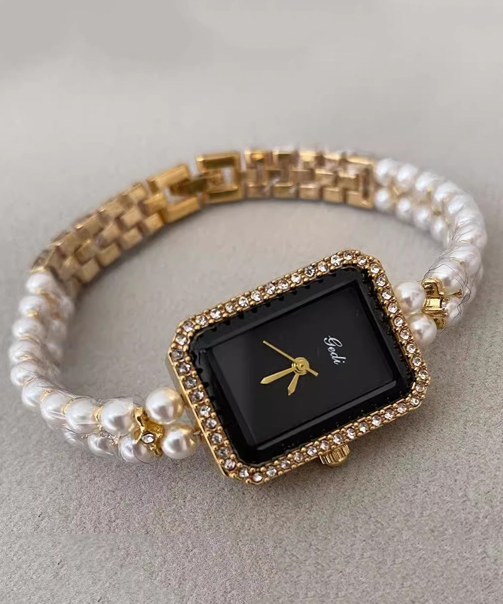 Stylish Black Metal Square Chain Pearl Watch YI049