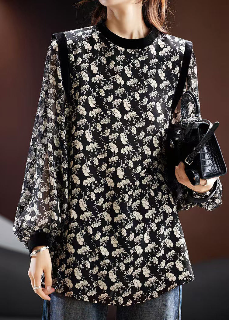 Stylish Black Fall Print Blouse Chiffon O Neck