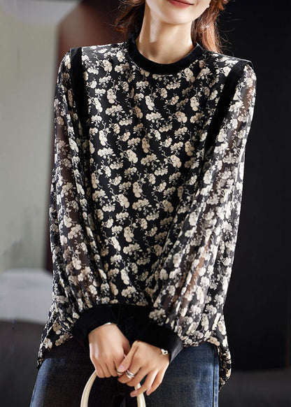 Stylish Black Fall Print Blouse Chiffon O Neck