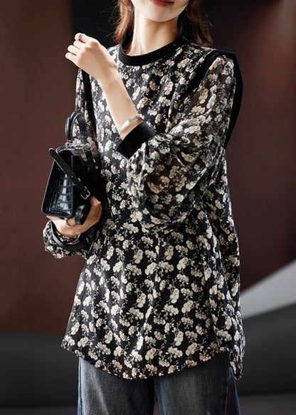 Stylish Black Fall Print Blouse Chiffon O Neck