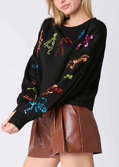 Stylish Black O Neck Sequins Cotton Sweatshirt Fall AE1002