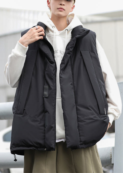 Stylish Black Oversized Drawstring Fine Cotton Filled Men Puffer Vests Winter TK023