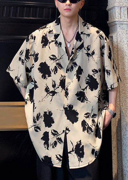 Black Stylish Men Pan Button Cotton Peter Collar Shirts Print