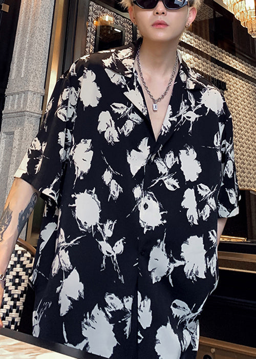 Black Stylish Men Pan Button Cotton Peter Collar Shirts Print