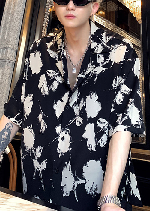 Black Stylish Men Pan Button Cotton Peter Collar Shirts Print