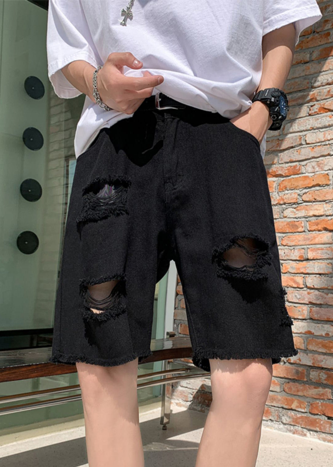 Stylish Black Pockets High Waist Men Ripped Jeans Summer YL018