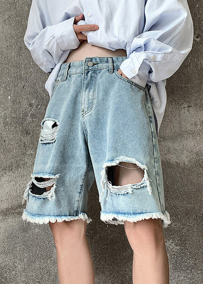 Stylish Black Pockets High Waist Men Ripped Jeans Summer YL018