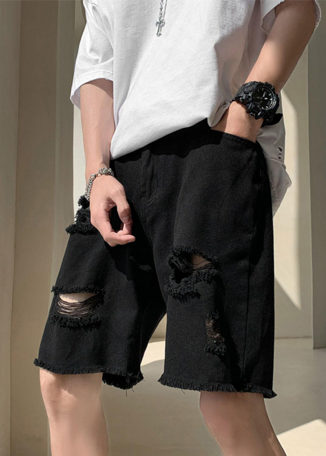Stylish Black Pockets High Waist Men Ripped Jeans Summer YL018