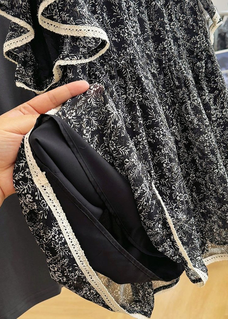 Tanks Chiffon Print Black Butterfly Stylish Sleeve