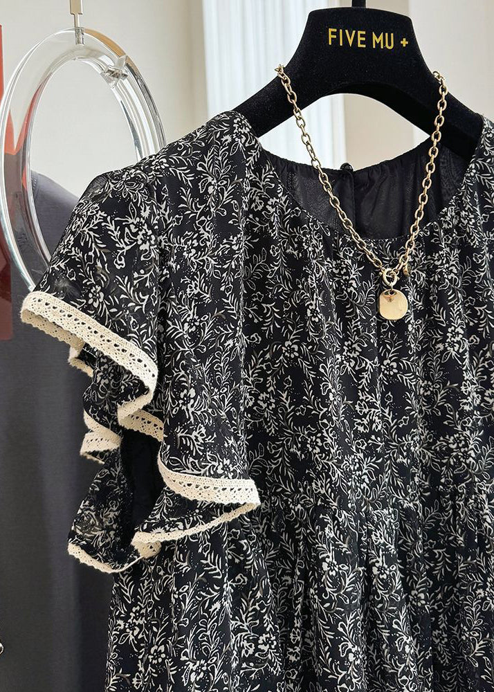 Tanks Chiffon Print Black Butterfly Stylish Sleeve