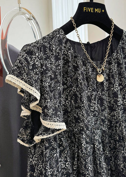 Tanks Chiffon Print Black Butterfly Stylish Sleeve