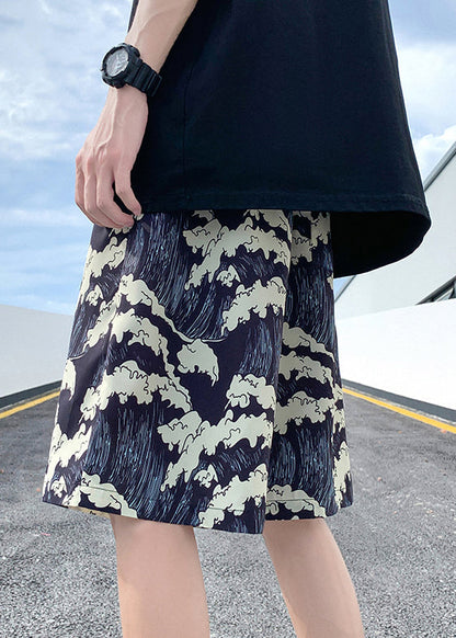 Summer Black Men Ice Stylish Print Silk Elastic Waist Shorts