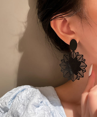 Stylish Black Sterling Silver Alloy Hollow Out Floral Drop Earrings WH002