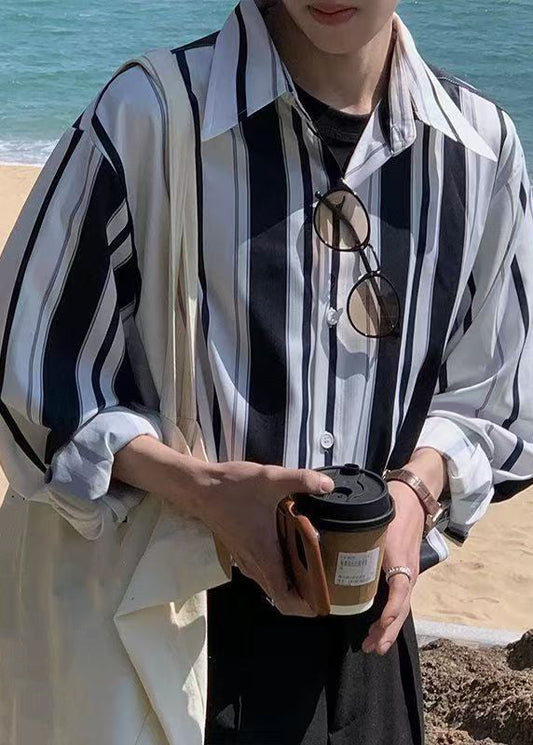 Men Striped Spring Cotton Button Black Shirts Stylish