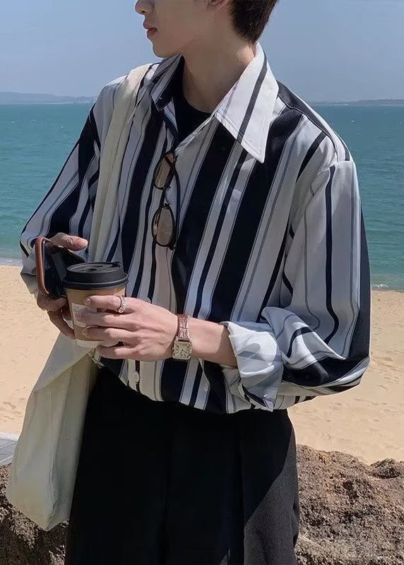 Men Striped Spring Cotton Button Black Shirts Stylish