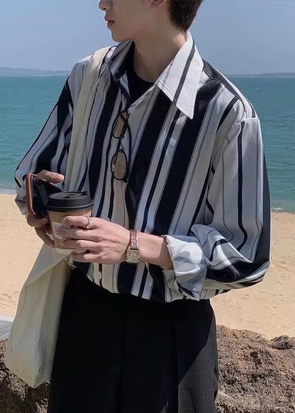 Men Striped Spring Cotton Button Black Shirts Stylish