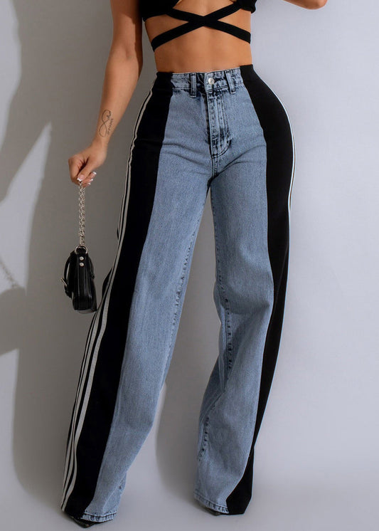 Striped Pants Black Stylish Denim Spring Patchwork