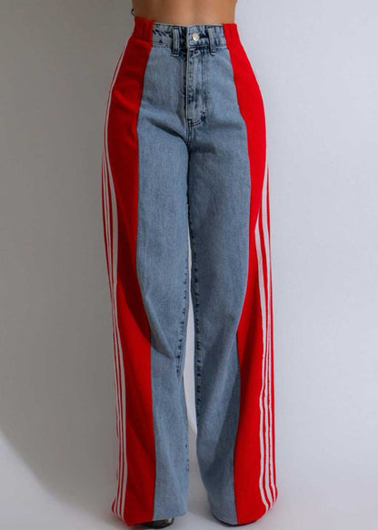 Striped Pants Black Stylish Denim Spring Patchwork