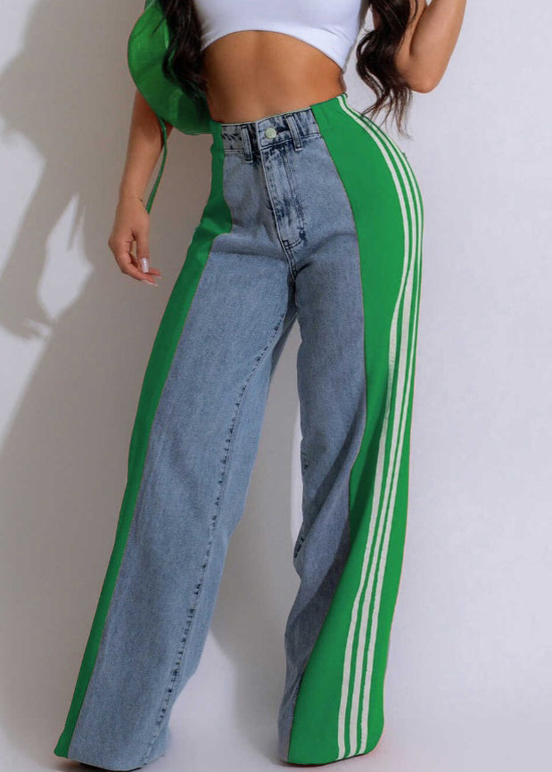 Striped Pants Black Stylish Denim Spring Patchwork