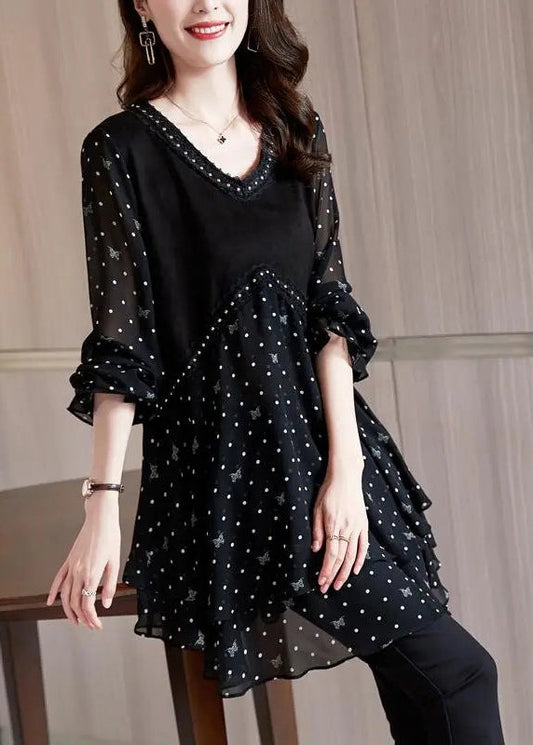 Black Print Stylish Dot V Neck Flare Chiffon Shirt Patchwork