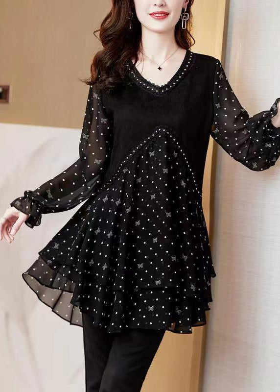 Black Print Stylish Dot V Neck Flare Chiffon Shirt Patchwork