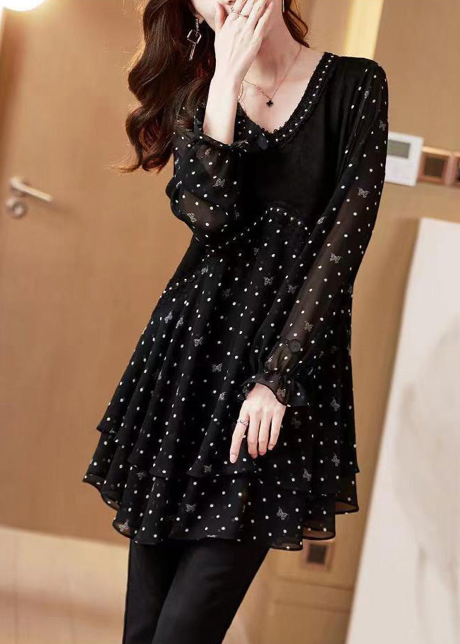 Black Print Stylish Dot V Neck Flare Chiffon Shirt Patchwork