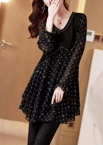Black Print Stylish Dot V Neck Flare Chiffon Shirt Patchwork