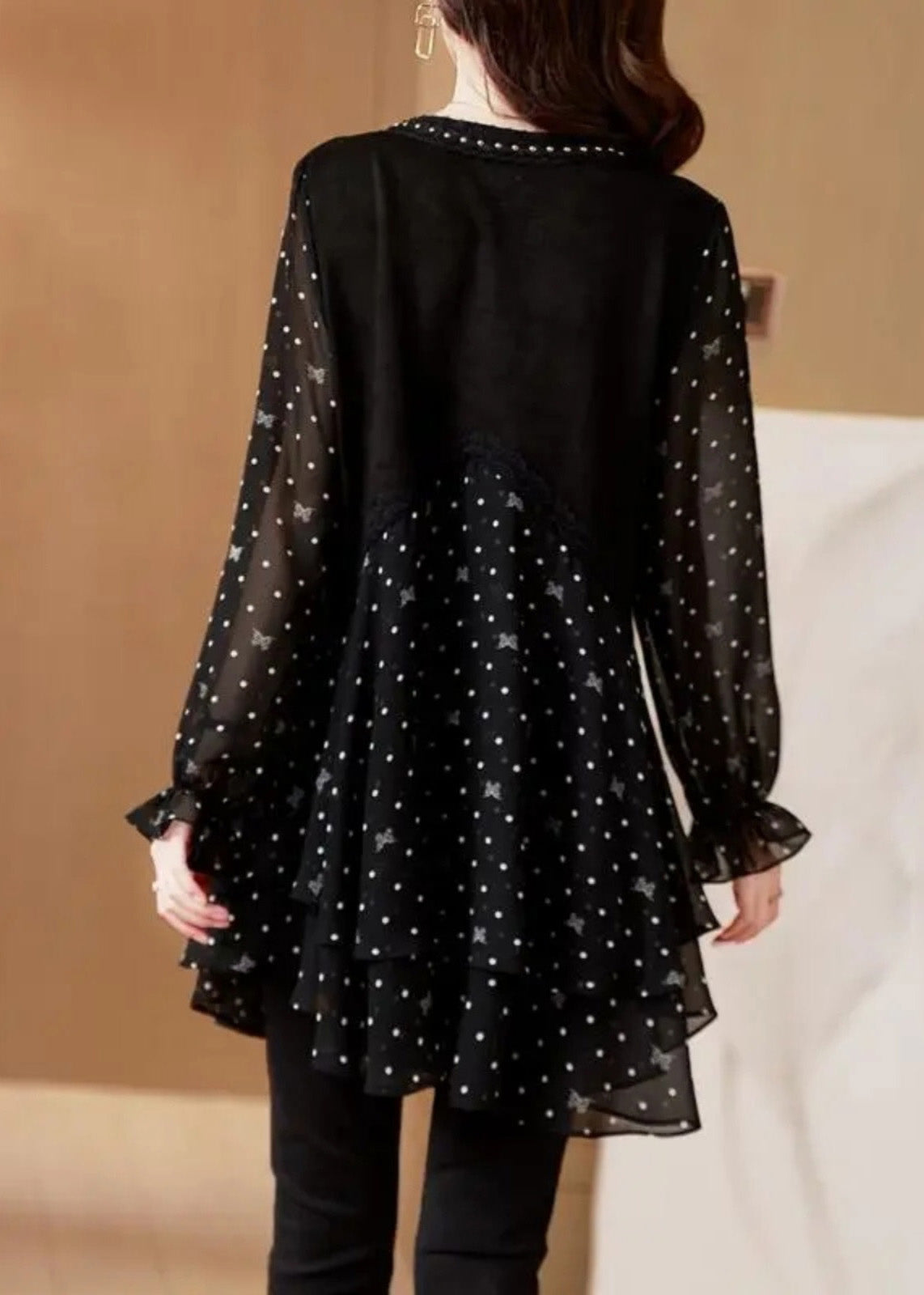 Black Print Stylish Dot V Neck Flare Chiffon Shirt Patchwork