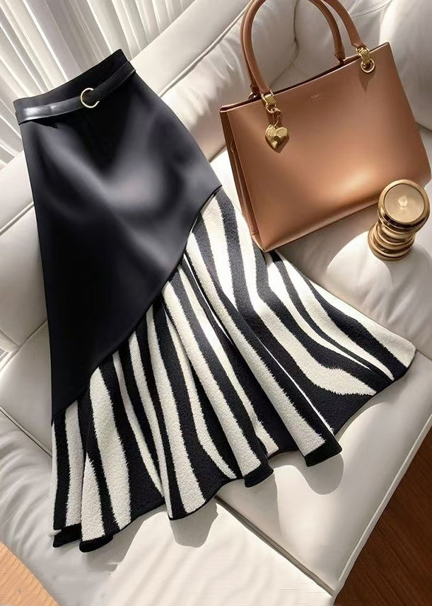 Stylish Black Zebra Pattern High Waist Patchwork Skirt Spring YJ010