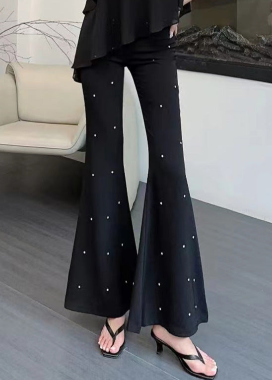 Black High Flared Trousers Fall Waist Zircon Stylish