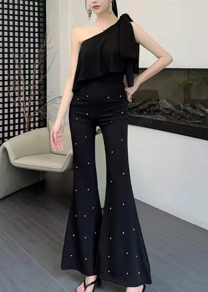 Black High Flared Trousers Fall Waist Zircon Stylish