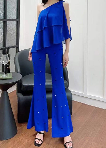 Black High Flared Trousers Fall Waist Zircon Stylish