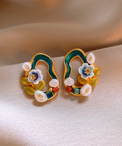 Floral Pearl Blackish Stylish Stud Earrings Overgild Copper Green
