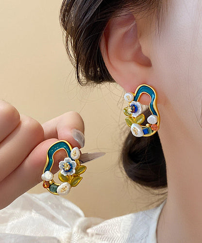 Floral Pearl Blackish Stylish Stud Earrings Overgild Copper Green