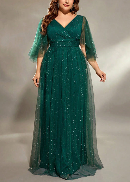 V Dresses Long Green Blackish Sequins Stylish Half Tulle Neck