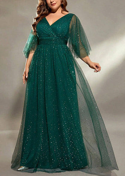 V Dresses Long Green Blackish Sequins Stylish Half Tulle Neck