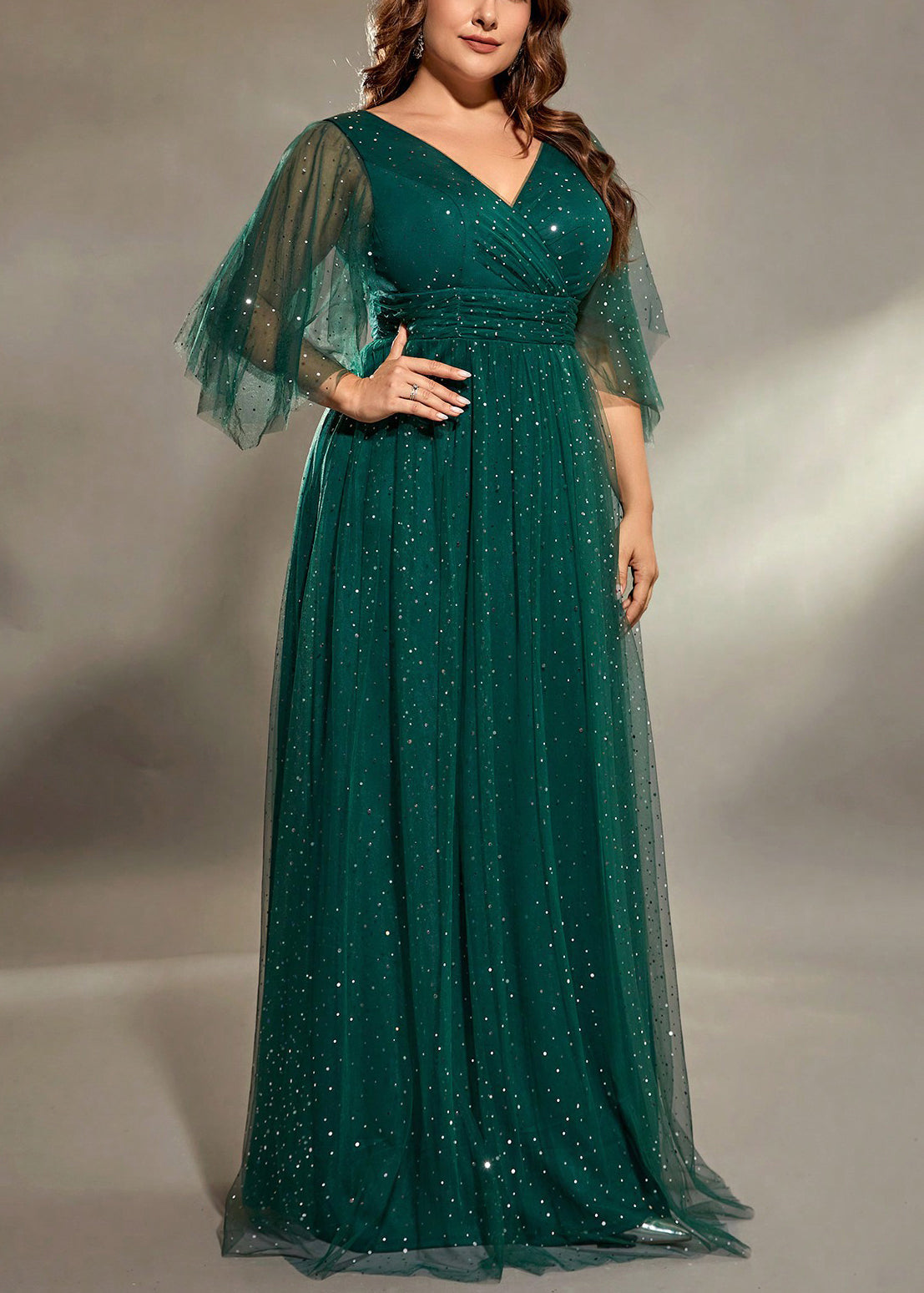V Dresses Long Green Blackish Sequins Stylish Half Tulle Neck