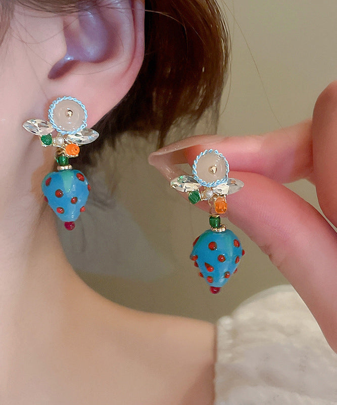 Coloured Zircon Drop Blue Earrings Glaze Strawberry Stylish Alloy