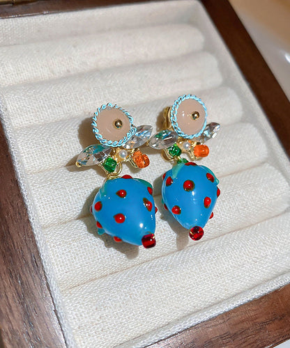 Coloured Zircon Drop Blue Earrings Glaze Strawberry Stylish Alloy