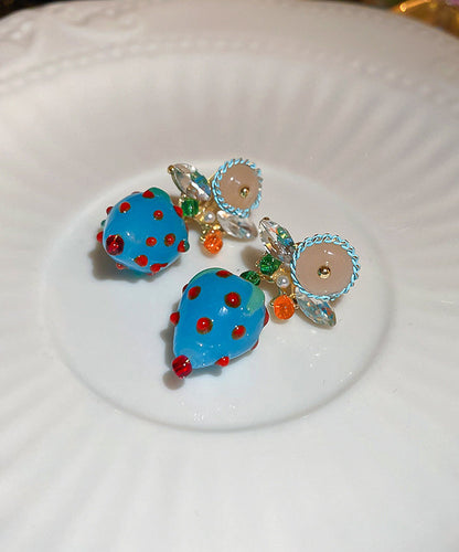 Coloured Zircon Drop Blue Earrings Glaze Strawberry Stylish Alloy