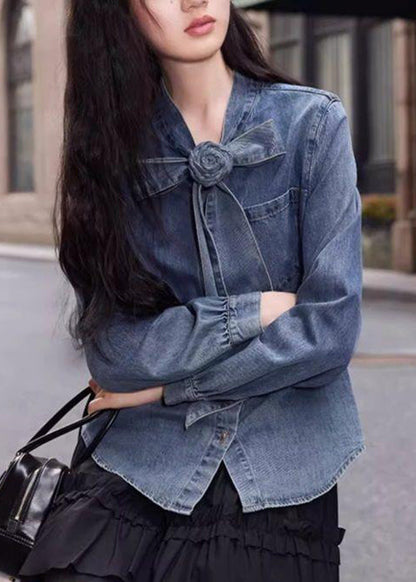 Button Spring Shirt Denim Blue Bow Stylish Pockets