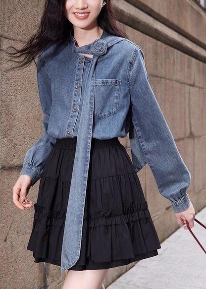 Button Spring Shirt Denim Blue Bow Stylish Pockets
