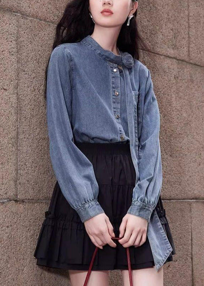 Button Spring Shirt Denim Blue Bow Stylish Pockets