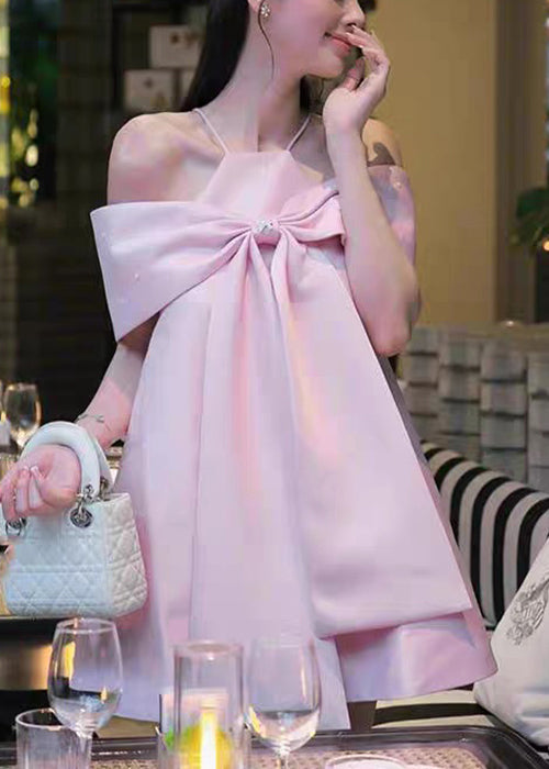 Shoulder Spaghetti Blue Summer Bow Dress Stylish Cold Strap