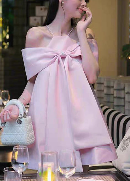 Shoulder Spaghetti Blue Summer Bow Dress Stylish Cold Strap